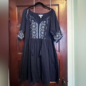 Cupio Navy Midi Dress with Blue & White Embroidery